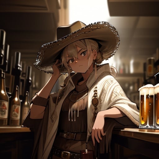 Image of Masterpiece, hyper detailed++, (detailed background)++, 1girl++, cowboy++ (cowboy hat)++,  saloon inside, tan poncho++, messy bun, platinum blond hair, tired, gunbelt+, old west, leather, boots, messy hair, clouds in background, eyes narrowed, serious expression+, bar, bar fight+++ in background, drinking beer++