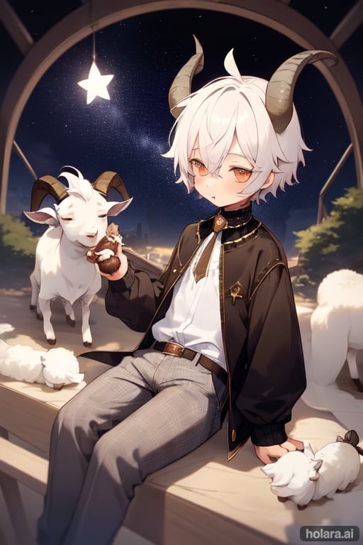 Image of (Shota)+++,(2boys)+(goat horns)++, (animal ears)+, short hair+, food, fantasy+, Starry sky+, cute, （men's clothes)+, pants, prince's clothes, lace clothing++