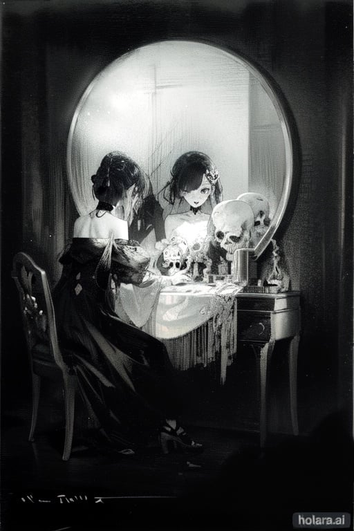 Image of mirror, skull, monochrome, 1girl, anime