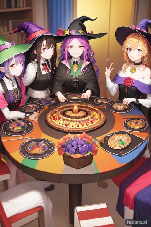 Image of Gathering of colourful Witches with hats around a table