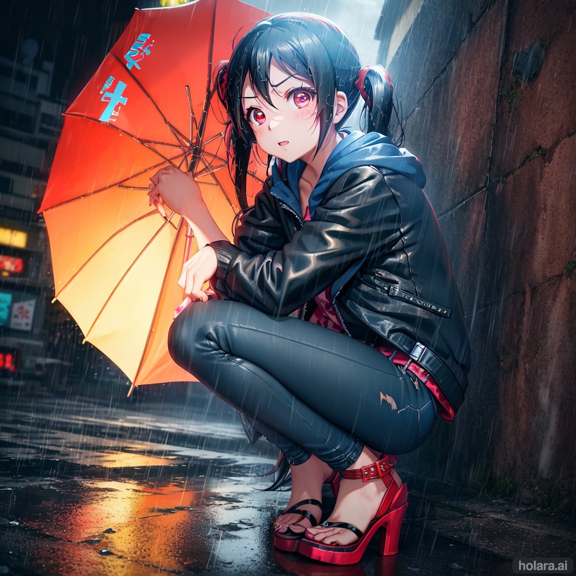 Image of (yazawa nico)+++,(lovelive)+++,1girl,solo,angry,(pigtails)+++,(darkblue hoodie)+++,(leather jacket)+++,layered,(long skinny jeans)+++,belt,(high heel sandals)+++,(scarlet colored eyes)+++,(black hair)+++, looking at camera,crouching++,in alley,(in front of concrete wall)++,(under open umbrella)+,rainstorm+++,side view,(full body visible)++