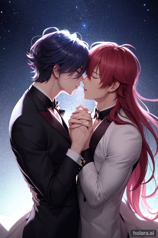 Image of Imagine two anime Men kissing sweetly with the background viewing a shining Bright Night city. Their body's are clos to one another an they have their eyes closed. Both of them are wearing fancy clothes. The stars are shining in the dark sky. Their Hands are holding eachothers bodies close while they kiss on the mouth. They have matching Rings on their Fingers
