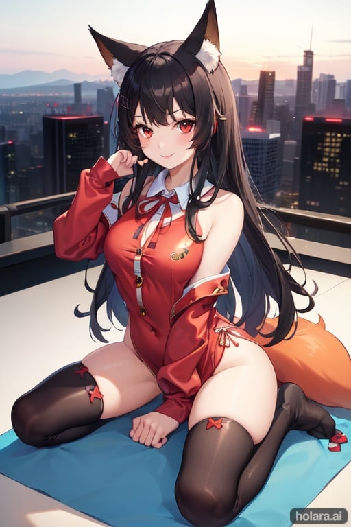 Image of 1girl, solo, high quality, sitting, seiza, black hair, red eyes, smile, fox ears, kigurumi,  onesie, boots, neck ribbon, buttons, cityscape