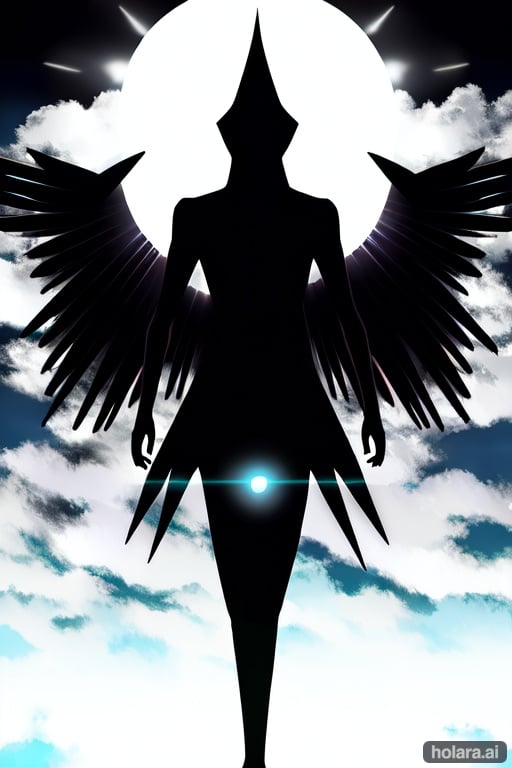 Image of angel form, standing divinely, (black silhouette)+++++, (glowing light blue eye)++, (clouds background)+++, (strong light in background)++, (divineaura)++++, minimalistic