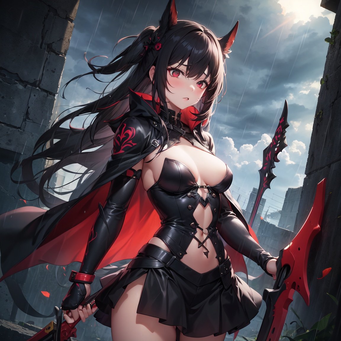 rain, death, 1girl, reaper, weapon, night