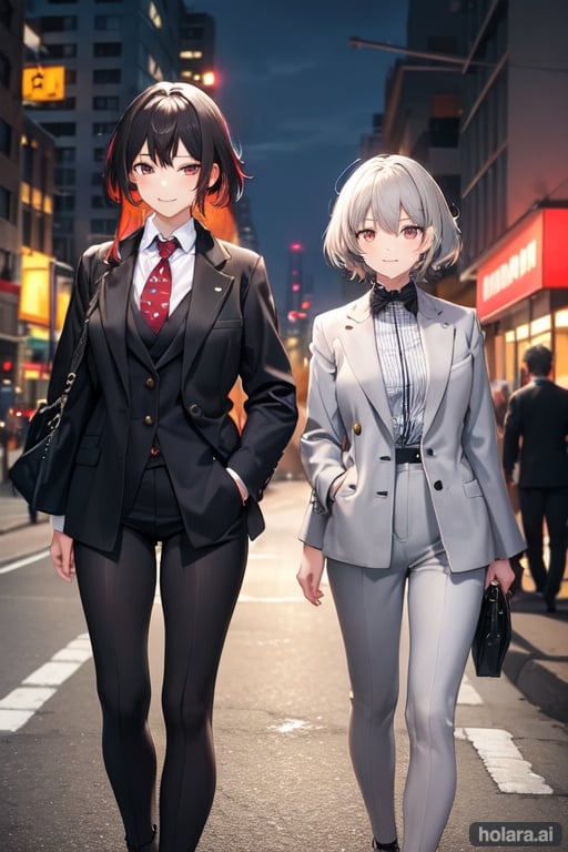 Image of 2girls, multicolored hair, black hair, grey hair, (black eyes)-, smile, suit+++, cityscape