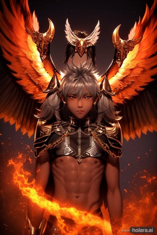 Image of 1boy, (13 years old)++, ((young))++, shota, masterpiece, (skinny)+, dark tan skin, sky aquamarine eyes, white messy hair, white eyelashes, scruffy white beard, dynamic pose, (skimpy clothing), see-through shirt, ethereal, (white ), ((white armpit hair))+, (white hairy chest), (white leg hair), (white body hair), dramatic volumetric lighting, sweating, ultra detailed, super fine details, beautiful detailed eyes, valkyrie armor, jet black angel wings, evil smile, battlefield, shiny skin, intricate fabric, dark background