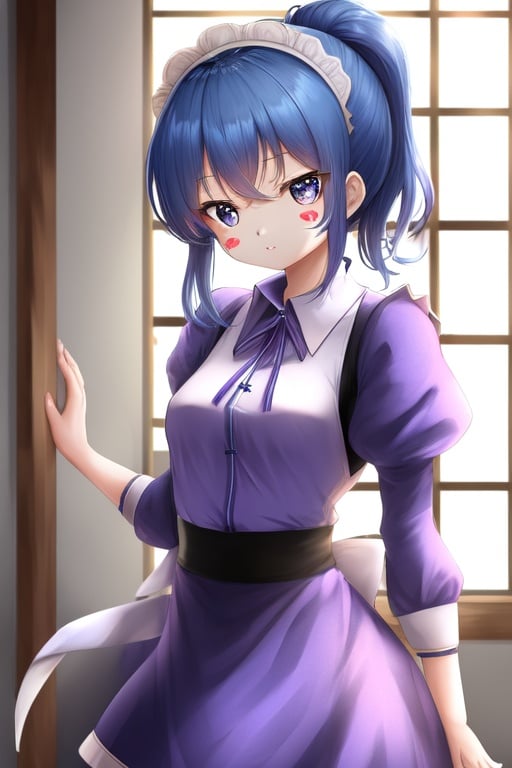 Image of Japanese maid, gochuumon wa usagi desu ka? style,1 girl, whole body, view straight on, standing, girl,woman,female, young,19 years old, medium hair, ponytail, (royal blue hair)+, beautiful detailed hair, cute anime face, blush stickers, bright eyes, parted_lips, (small_breasts)+, royal blue eyes, maid, (purple skirt)+, (royal blue shirt)++, indoors