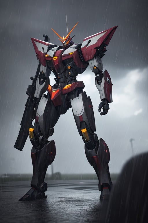 Image of science fiction, dark background, raining++, mecha, unreal engine 5,  holding weapon