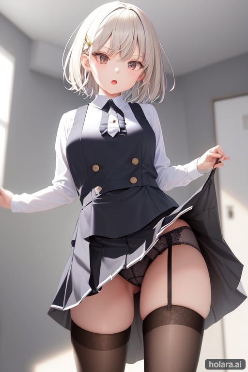 simple background, short hair, open mouth, thighhighs, skirt, underwear, busty