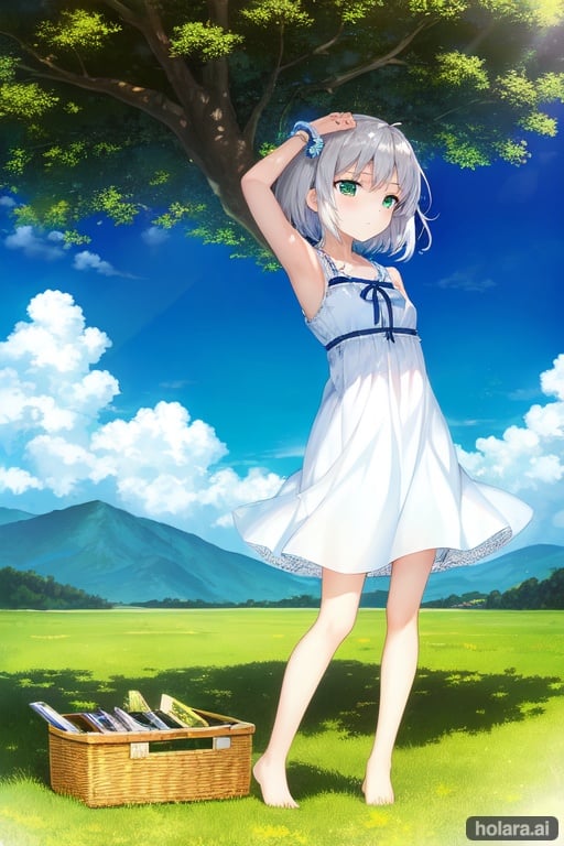 Image of (Masterpiece)+++, best quality+, 1girl, highres, solo, (short girl)++, (small girl)+, (petite girl)+, short hair, fluffy hair, light silver hair, beautiful detailed eyes, (bright light green eyes)+, (full body)+, deadpan, relaxed, (very sleepy)+, barefoot, white summer dress, sleeveless, (beautiful)+, (cute girl)++, lying, on stomach, stretching, leg behind back, mountaintop, day, beautiful blue sky, white clouds, bright sun, cinematic light, (vivid color)++, chill vibe