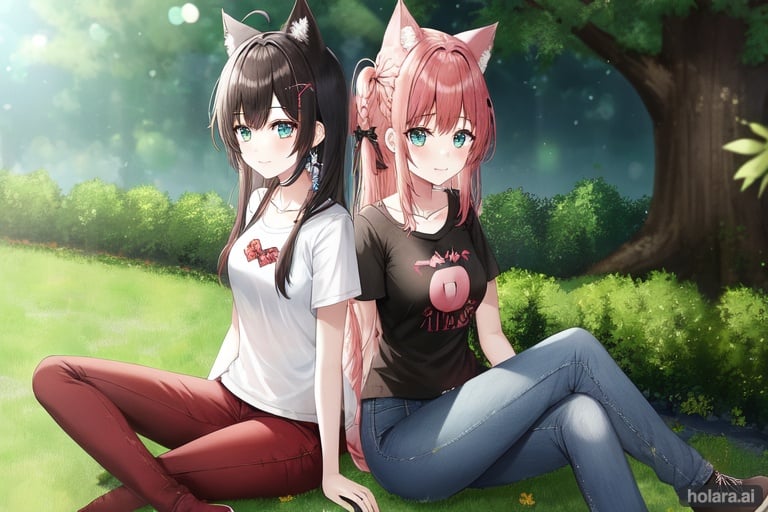Image of 2girls, crossed legs, red hair, aqua eyes, happy, very long hair, braid, cat ears, t-shirt, casual, jeans, armband, nature