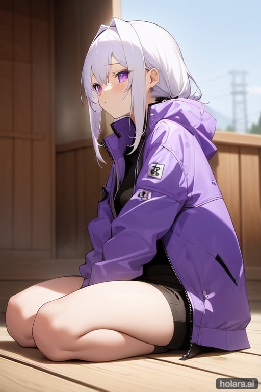 Image of 1girl, solo, sitting, wariza, from side, white hair, purple eyes, jacket, watch, sauna