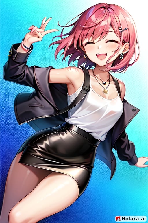 Image of 1 girl (tan skin), short hair, pink hair, shiny hair, hair ornament-, front bangs, happy, perfect closed eyes, young, small breasts, earrings, bracelet, white shirt+, long sleeves, leather skirt+, black skirt, black high heels, detailed cloth, closed arms, (standing), ((dynamic angle)). (perfect anatomy), (perfect female body), sun, highres, masterpiece, (perfect hands), high quality, ultra quality++, wallpaper+++, radiant+++, vivid++++, blush++, eyebrows visible through hair