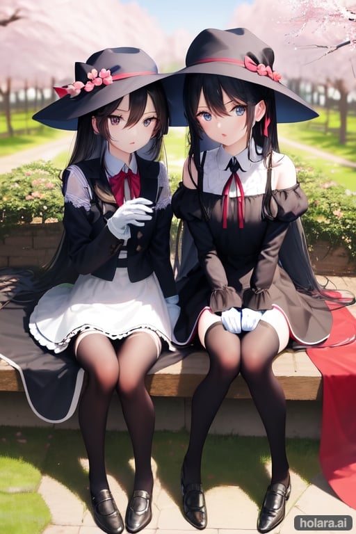 Image of couple++, long hair, open mouth, blue eyes, skirt, hair ornament, simple background, dress, gloves, thighhighs, ribbon, hat, holding, hair between eyes, garden, original, cherry blossoms, tree, day, (sitting with each other)++, bare shoulders, black hair, hair over shoulder, closed mouth