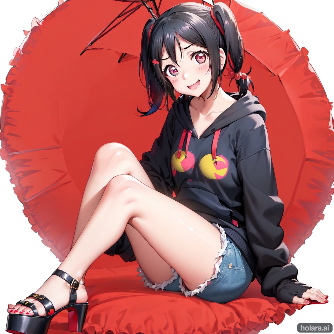 Image of (nico yazawa)+++,(lovelive)+++,1girl,solo,smile,cheerful,(pigtails)+++,(dark blue hoodie)++,(denim shorts)++,(high heel sandals)++,(scarlet colored eyes)+++,(black hair)+++, looking at camera,sitting on bench,umbrella over head,rainy,cloudy