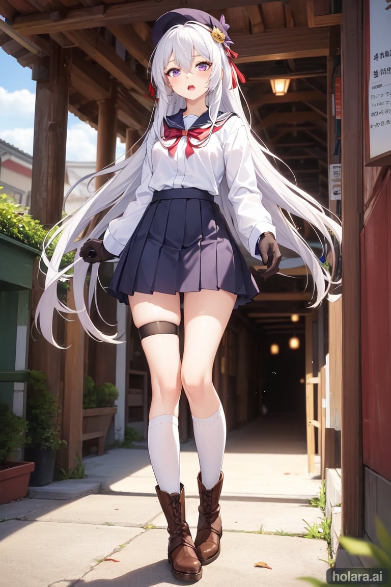 Image of Female, high school student, purple eyes, white hair, long hair, thigh highs, skirt, gloves, long sleeves, holding, hair ornament, very long hair, standing, hair between eyes, full body, open mouth, ribbon, original, hat, school uniform, boots, japanese clothes, solo focus, 