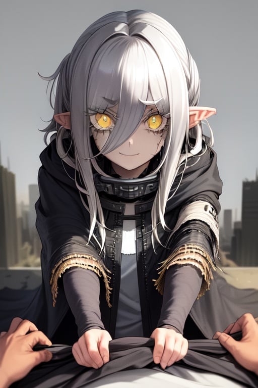 Image of 1girl+++, post-apocalypse+++, cloak, hood, messy hair+++, disheveled+++, big hair, ruins+, homeless+, detailed fabric+++, yellow eyes++, silver hair+, torn clothes, thick eyelashes++, looking at viewer+++, 1boy, pov++++, flat chest, loli+++, pointy ears, smile, shirt pull+++