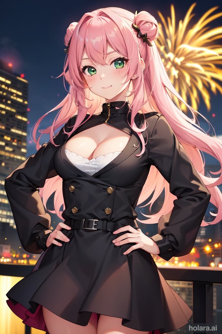 Image of 1girl, solo, pink hair, green eyes, outdoors, cityscape, fireworks, long hair, hands on hips, long sleeves, miniskirt, cleavage, (best quality)++, ultra-detailed+, masterpiece++, kawaii++, light smile, blush, closed mouth, cinematic lighting+++, hair ornament++