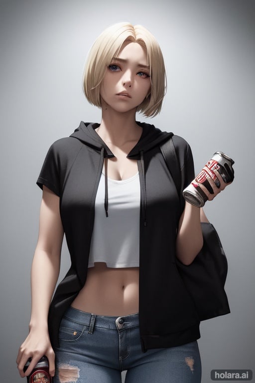 Image of A woman with blonde hair, azure eyes, and narrow eyes, sporting short hair, dressed in a red camisole with a gray hoodie over it. She's wearing blue distressed jeans and black sneakers. In her right hand, she grips a handgun, while holding a can of beer in her left hand. The backdrop is reminiscent of a Cyberpunk-style Kabukicho. She wears a melancholic expression.