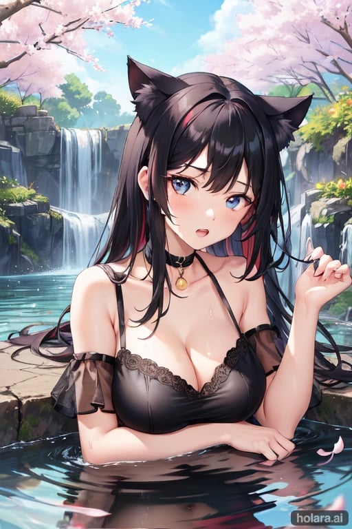 Image of Title: black hair in landscape  Prompt: 1girl, looking at viewer, swimsuit, (cleavage)++, garden, cherry blossoms, large breasts, blue eyes, red eyes, multicolored hair, red hair, black hair, cat ears, wet, open mouth,  intricate detail, bare shoulders, waterfall, head rest, see-through shirt