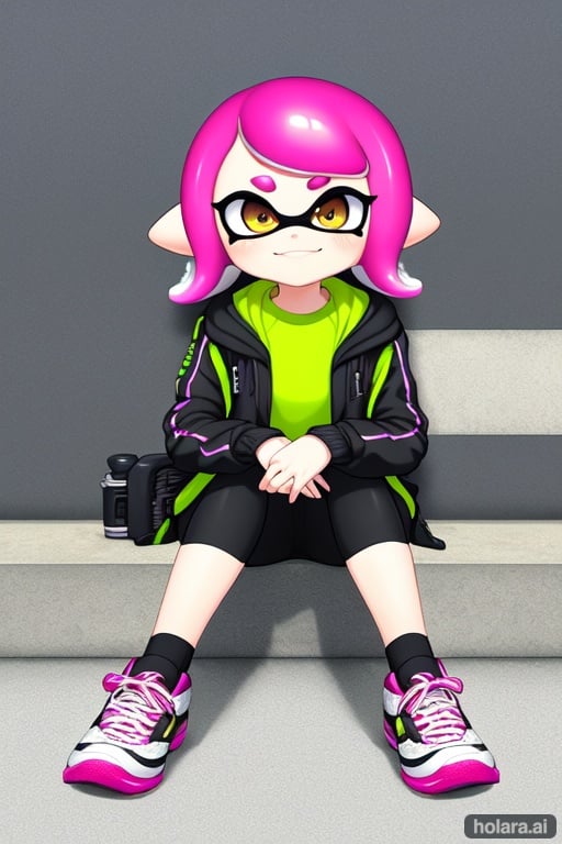 Image of ika_esu, splatoon_(series) , inkling_girl, tentacle_hair, bike_shorts, sneakers , sitting, from_above, looking_at_viewer , open_clothes, jacket