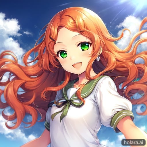 Image of high-quality, 1girl, solo, , 7 years old, dynamic angle, upper body, happy, smile+++, squinting smile, (open mouth)+, forehead+++, no bangs, (orange hair)+, (long hair)++++, (wavy hair)++, (floating hair)++, open eyes, (green Eyes)+++, (tanned skin)+, puff sleeve, white blouse, dress, sky, blow, wind,