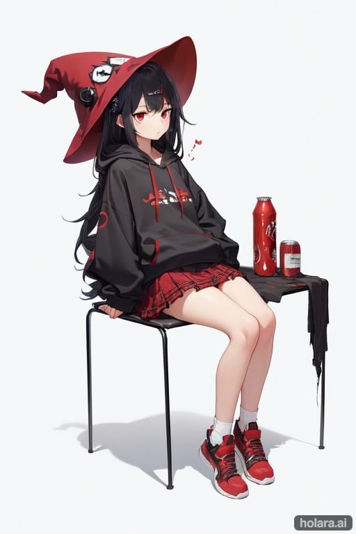 Image of 1girl, petit, witch hat, eye bags, neet, messy clothes, messy bedroom, dark, empty cans, energetics,  monitor, desk, white and black hair, red eyes, red checkred skirt, black hoodie