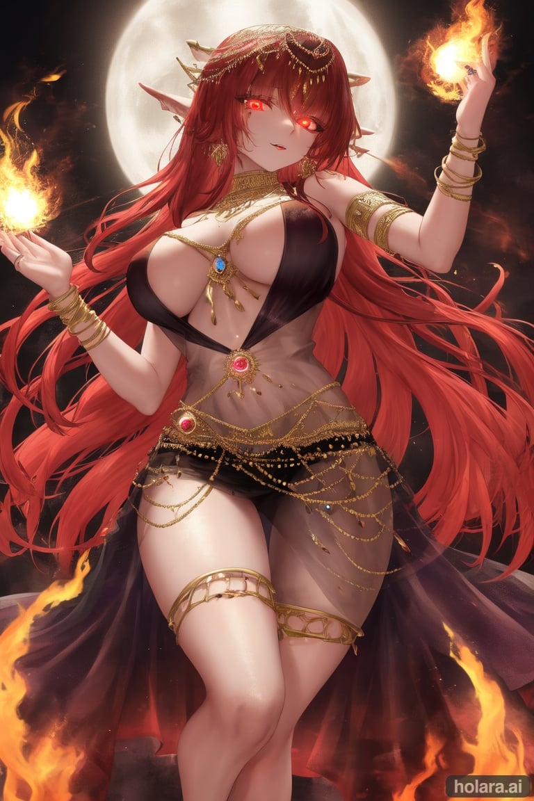 Image of highres+, sorceress, fire, dancer, red hair, see-through skirt, very large breasts+,  jewelry, glowing eyes, see-through shirt