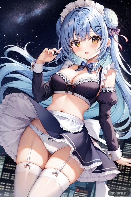 Image of 1girl, solo, cityscape, night sky, maid, underwear, thighhighs, hair ornament, light blue hair, braided bun