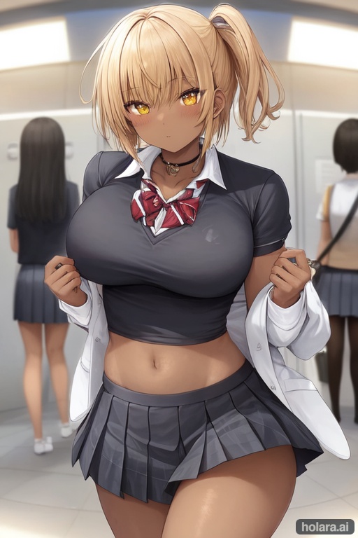 Image of Dark skin female, 1girl, gyaru, school girl, school uniform, tomboy, athletic 