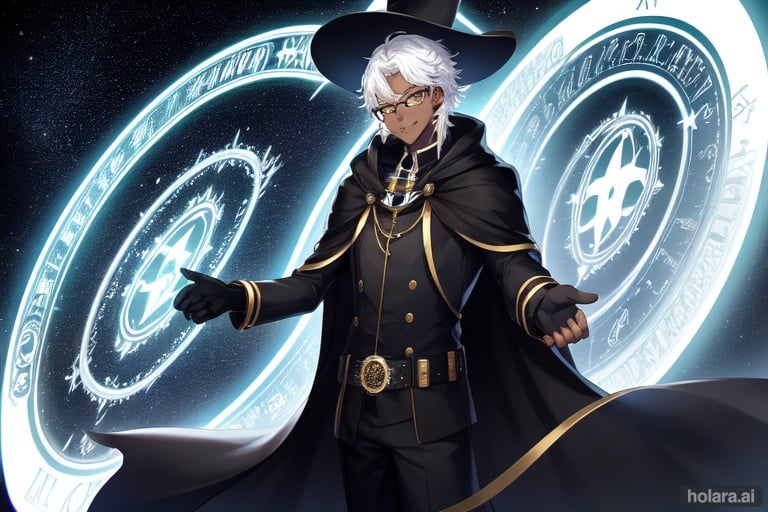 Image of 1boy, mature, solo, starry sky, smile, white hair, green eyes, gles, gloves ,black cape, robe, dark skin, curly hair, black suit, magic symbols, plus-shaped pupils, wizard hat, short hair, DARK SKIN++, cowboy shot, male focus, tilt-shift, chromatic aberration, official art, visual novel, pointing at viewer, high quality, magic circle, highres, absurdres