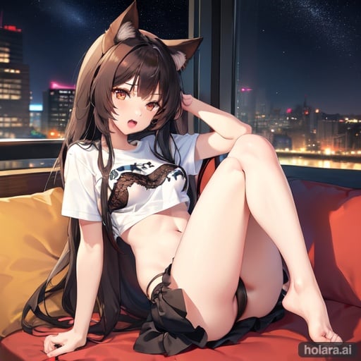 Image of girl,long hair,brown eyes,cat ears,open mouth,two legs,two hands,fourth finger,one thumb,high detailed of hands,high detailed of legs,anatomycally hands,perfect hands,anatomycally feet,perfect feet,up skirt,lace bra+,up legs+,on sofa,anime detailed,anime face,perfect body,cute face+,up T-shirt+,city background,nightsky with milkyway