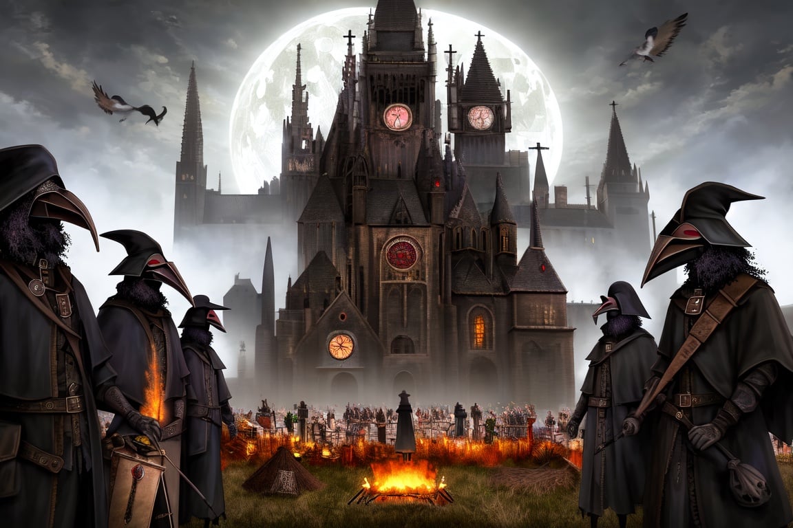 Image of masterpiece++, best quality+++, ultra-detailed++, extremely detailed+, (ilustration), (raven mask), (3 plague doctors)+++, (focus background)+, (people in the background)+++, (castle), night, cloudy, field, full moon, corps+++, (bonfire)+++, fire+ (giant wooden cross)++, (black sacks)+, light cinematic, cinematic light, light effect