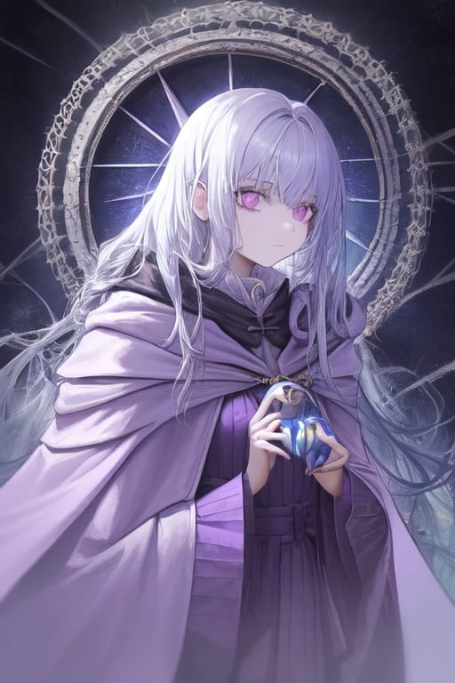 Image of 1girl, blue tones, sad vibe, paint style, art, white hair, fluffy hair, dull eyes++, closed third eye, pink eyes, robes, witch, white and purple robes, purple cape