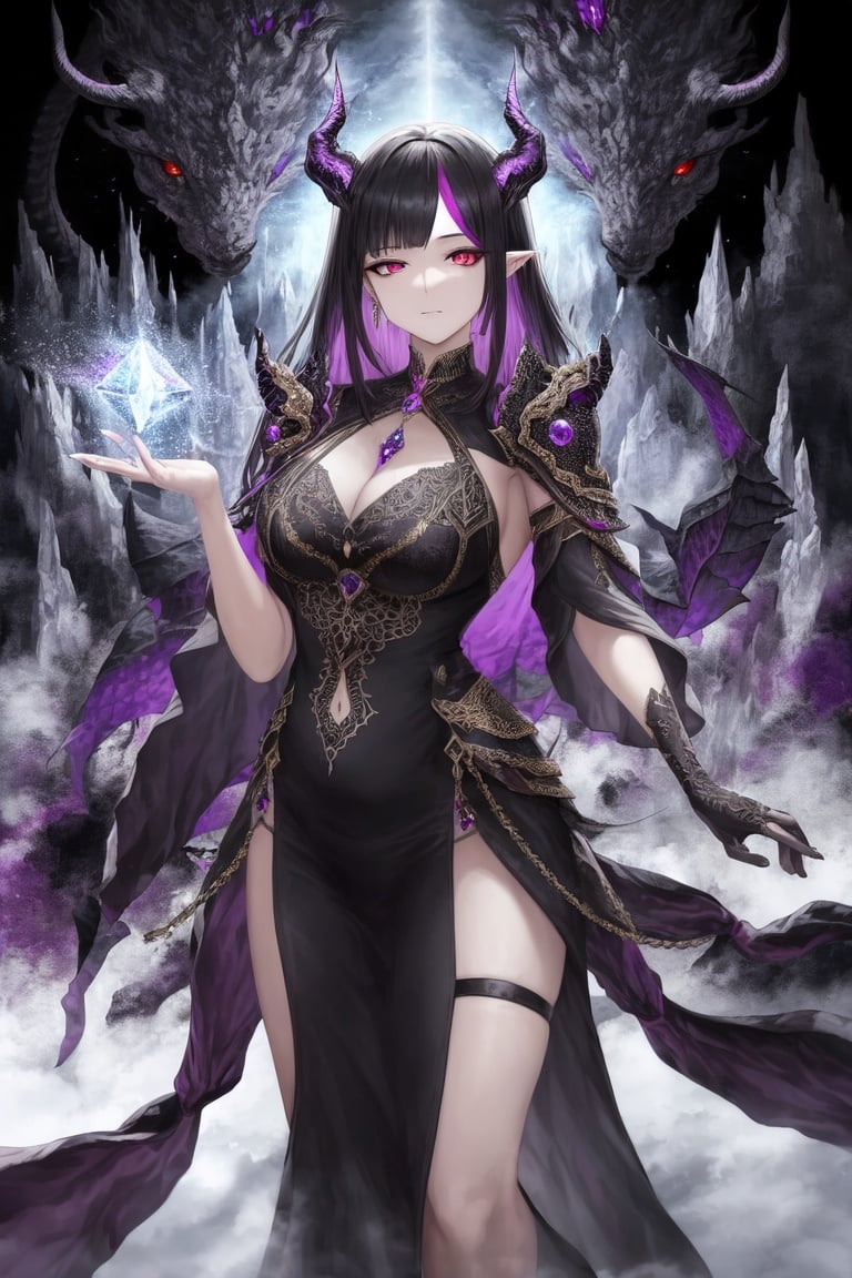 Image of Mature,Black hair highlights,(masterpiece), best quality, expressive eyes, perfect face, dragon horns, purple hair, slit eyes, multicolored eyes, ethereal, fantasy, dreamlike, landscape, Intricate Surface Detail, Crystalcore, Crystals, Bejeweled, ethereal dress, fantasy armor,(abstract background), 