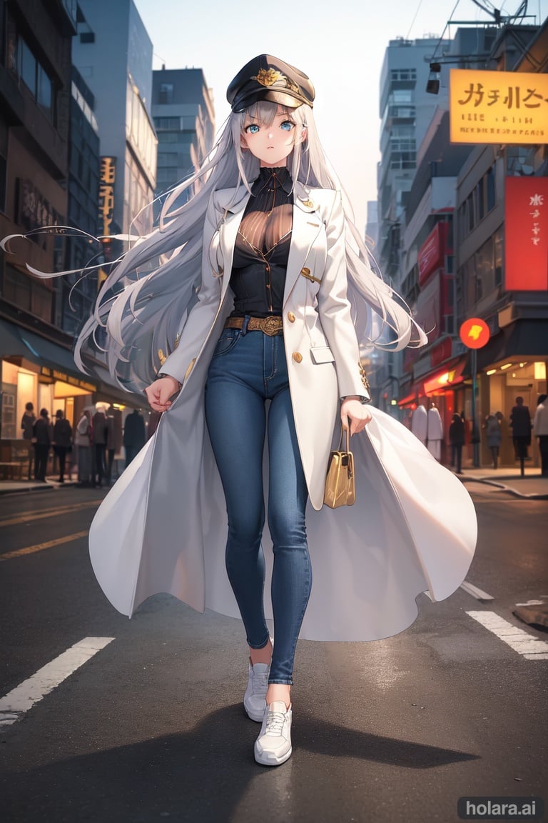 Image of (masterpiece, best quality), ultra-detailed, illustration, 1girl, solo, long hair, outdoors, cityscape, silver hair, white dad hat, stylish glass, cyan eyes, navy blue jeans, Long Coat Blazer, open blazer, white shirt, full body, night, depth of field, looking at viewer, medium breast