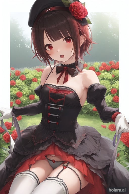 Image of 1girl,  short hair, hat, red eyes, white background, garden, flower, original, skirt,  rose, cute, otoko no ko, hair ornament, idolmaster, gloves, bow, bare shoulders, ribbon, thighhighs, dress, open mouth, long sleeves, eyebrows visible through hair