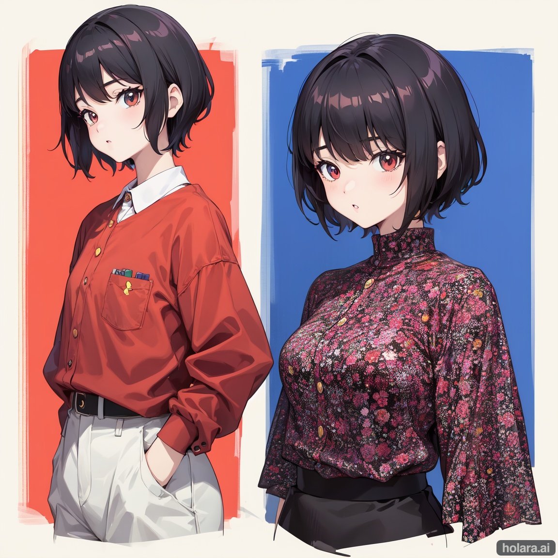 Image of Retro, old fashioned anime in manga style coloring, short hair, simple background, lineart