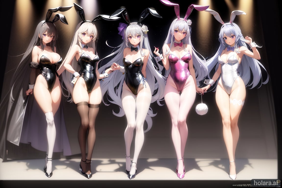 Image of 1beautiful high school girl, beautiful silver long hair,beautiful purple eyes,beautiful face,beautiful body,beautiful arm,beautiful leg,beautiful lerge breast,black highleg bunny girl,black bunny highleg leotard(deep cut:1.5)black bunny ears,bunny arm cuffs,black pantyhose,white rabbit tail,black heels,stage,standing(full body:1.4)character sheet 3view(front side back:1.4)