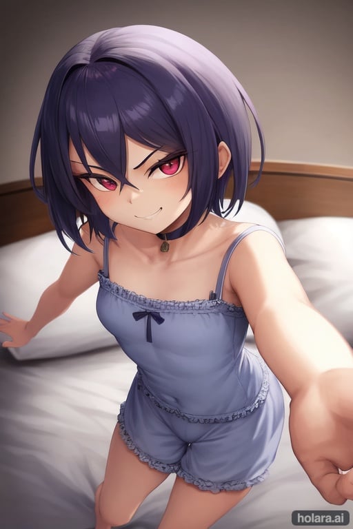 Image of 1girl, smug, short hair, petite, on bed, laugh, smile, smug, arms outstretched, beckoning 