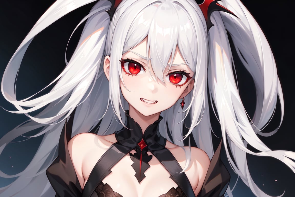 Image of yandere, vampire, white hair, black dress, red eyes, teeth, mean, smug, one person