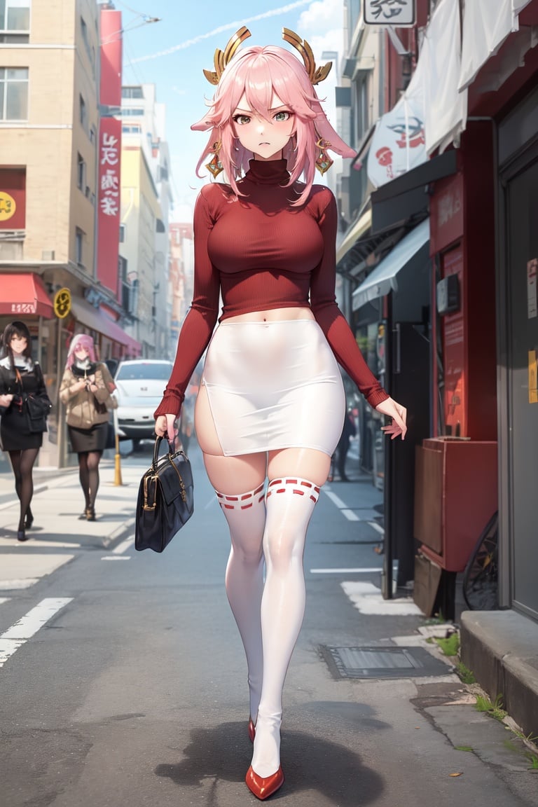 Image of Yae miko, red turtleneck sweater, long sleeves, long legs, sexy legs, full body, high quality, white panties, sexy ass, red shoes, angry expression, pencil skirt, walking in street, thighhighs