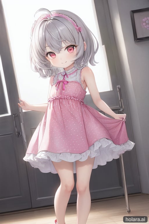 Image of A young four-year-old girl with short, light silver hair , fluffy hair, wearing a pink dress with white polka dots and blue shoes is in her room smiling, barefoot, summer dress, sleeveless, leg behind back