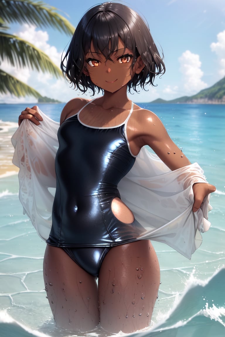 Image of absurdres, best quality, amazing fine details, high resolution, all intricate, masterpiece, awsome many layers, wet++, (kindly smile)+, (warm smile)+, summer vacation, gal, (mahogany colored dark skin)+, (short hair)+, (black hair)+, (purple streak hair)-, (gleaming skin)+, (wet skin)+, (school swimsuit, sukumizu)++, sweat, (extremely wrinkled shiny clothes reflecting light)+, submerged in water, muscular-, sea background, awesome many layers, detailed surface texture, toned female, glamorous perfect female proportion, seductive eyes, drooping eyes, squint+, enraptured, fascinated, blush-, tropical island,