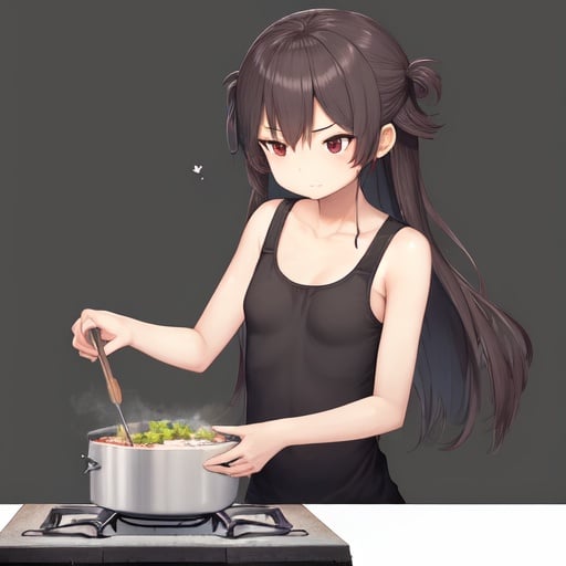 Image of 1girl, solo, flat breasts++, simple background, long hair, Hong Kong+, tank top, cooking