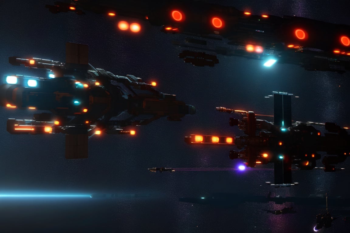 (A space station cyberpunk lights)+++, ((futuristic ships apart separated from the space station cyberpunk lights right))++, (all from a somewhat distant point)++