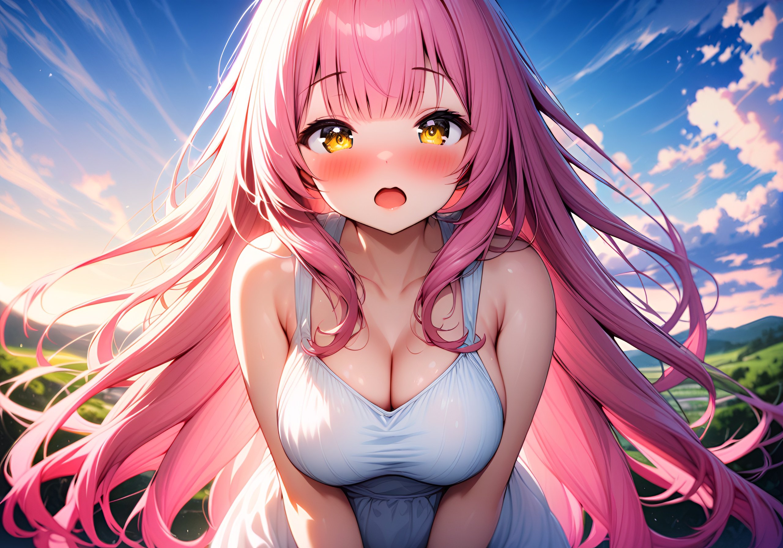 Image of 1girl, very long hair, pink hair, bangs, white sundress, yellow eyes, large chest size, cute, sfw, looking at viewer, open mouth, blush, blue sky, lighting coming from the front, hd, soft lighting, landscape, solo