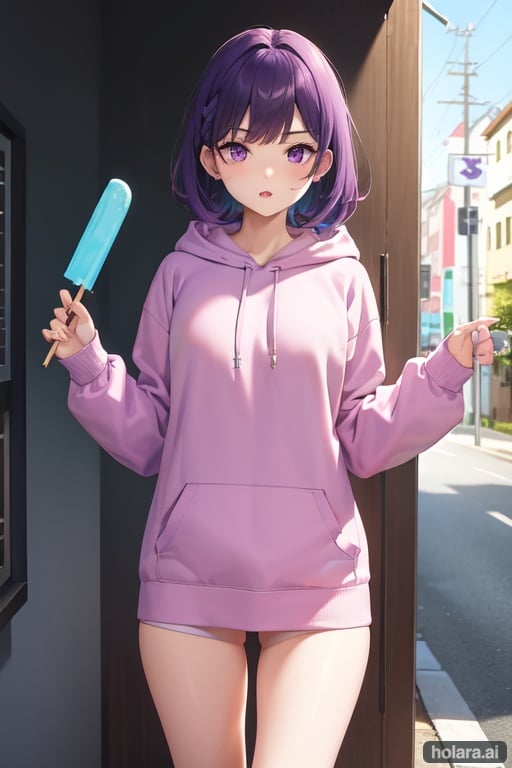 Image of (masterpiece), best quality, expressive eyes, perfect face, purple hair, violet eyes sucking on ice pop, , hoodie