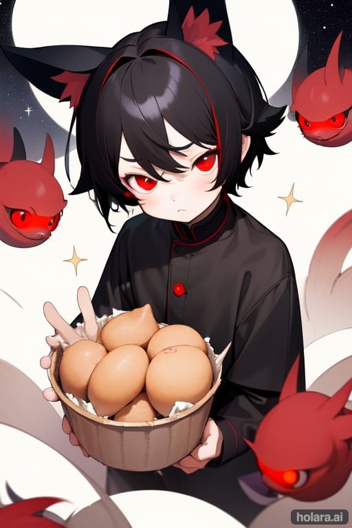 Image of little boy++,(red eyes)++, black hair, animal ears+,  soft expression+, short hair+, food, fantasy, original, cute, starry sky, multiple boys, scornful eyes